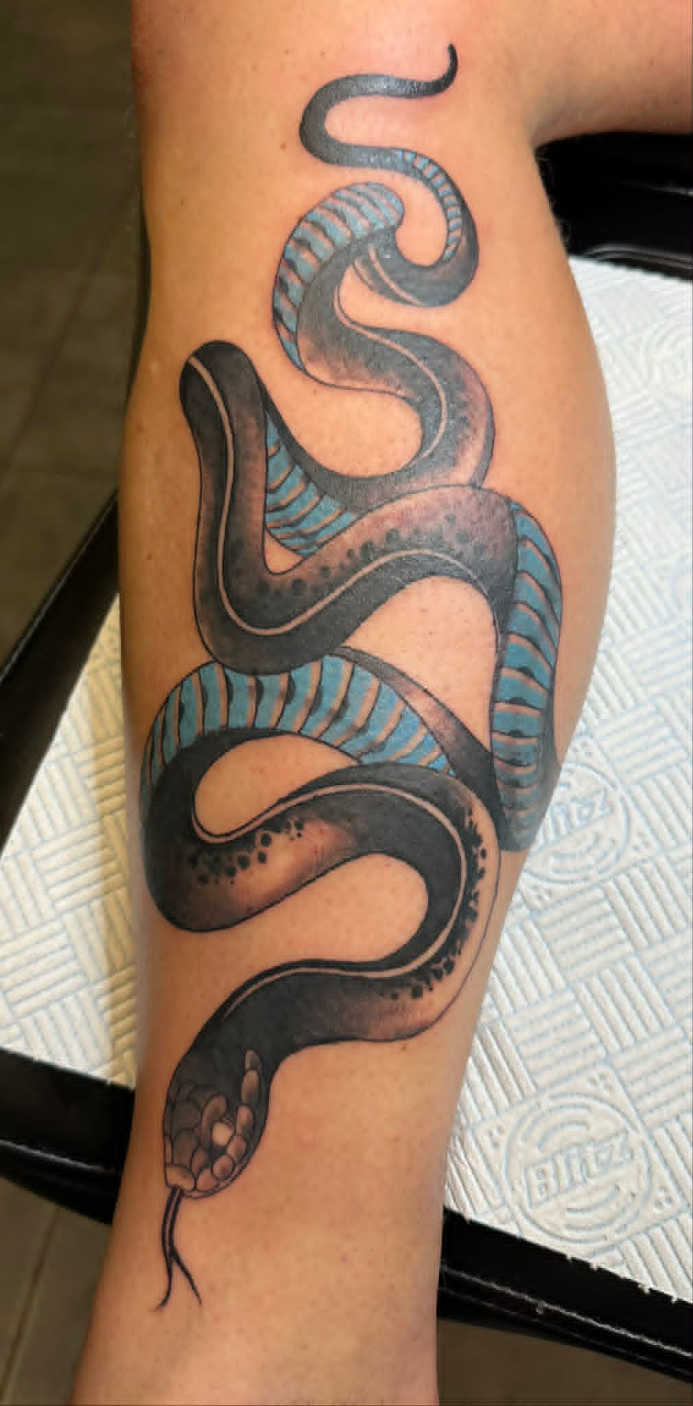 Black and grey snake wrap with blue accents on calf by John Quinn at Tattoo Zone, tattoos Newcastle.