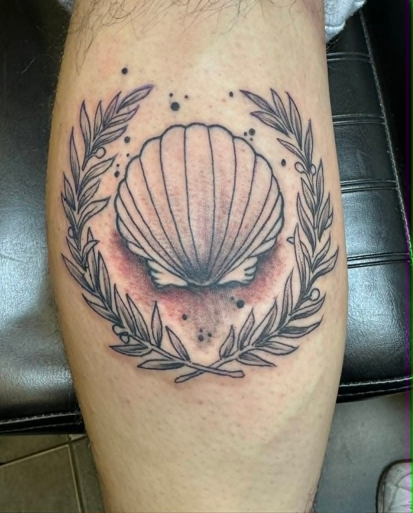 Fine line scallop shell with laurel wreath on the calf by John Quinn at Tattoo Zone, tattoos Newcastle.